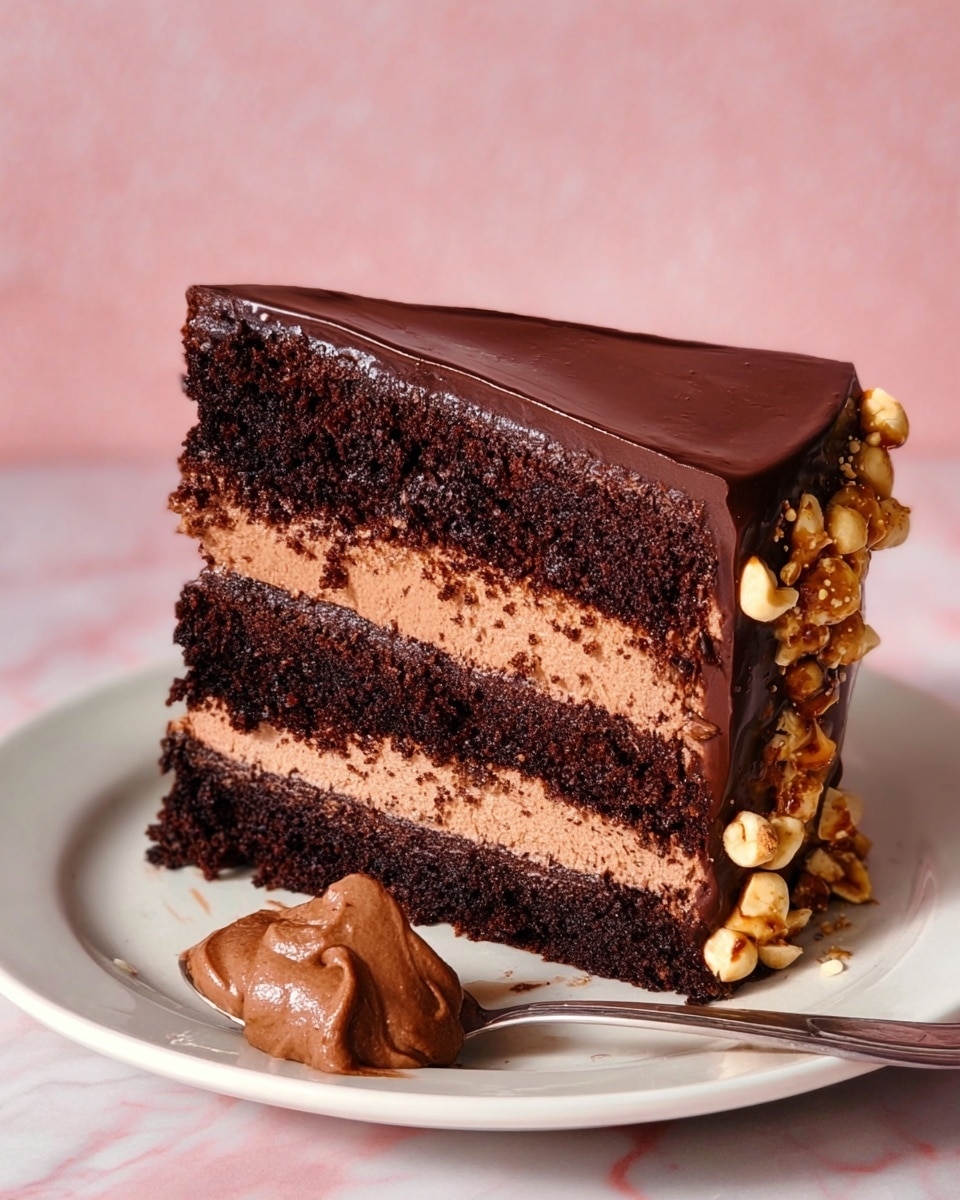 The image shows a two-layer dark chocolate cake with a thick middle layer of lighter brown chocolate frosting, placed on a white cake stand with a round base. The cake's surface is coated with shiny dark chocolate ganache that drips slightly down the side, topped with chopped nuts neatly arranged around the edge. A large slice has been cut out, revealing the moist texture of the cake layers and the creamy filling. The background is a soft pink with subtle texture, and there is a copper-colored cup holding a silver knife nearby on a soft pink cloth, placed on a white marbled surface. Photo taken with an iphone --ar 4:5 --v 7