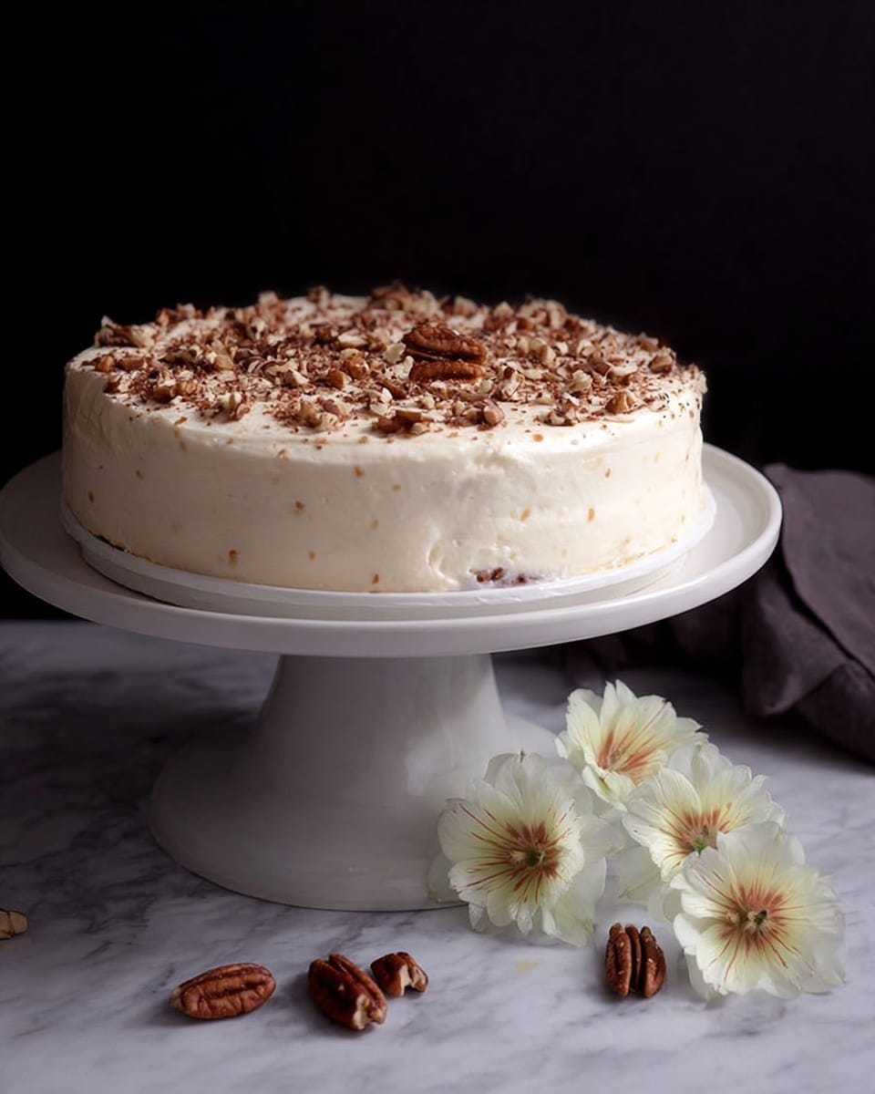 The image shows a slice of Italian cream cake on a white plate placed on a white marbled surface, with the whole cake on a white cake stand in the background. The cake has two thick layers of light beige cake with visible small dark nut pieces throughout. Between the layers and on top, there is a thick, smooth cream-colored frosting. The frosting on top is decorated with scattered pecan halves, giving a textured contrast. The background is simple and dark, making the cake the clear focus of the image. Photo taken with an iphone --ar 4:5 --v 7