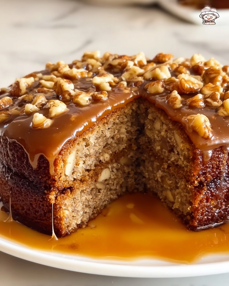 A close-up of a two-layer cake with a brown, moist crumb filled with visible nuts inside both layers. The top layer is covered with a thick, glossy caramel sauce dripping slightly down the sides, and the surface is generously sprinkled with chunky walnut pieces. The cake is placed on a white plate with caramel syrup pooling at the base, all set against a white marbled texture. photo taken with an iphone --ar 4:5 --v 7
