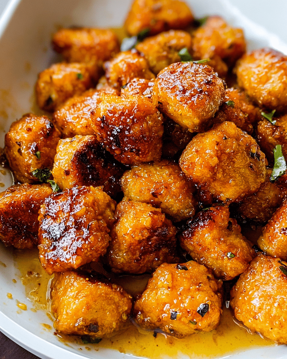 This image shows a close-up of many small, golden-brown pieces of fried food stacked together in a white dish. Each piece has a crispy, slightly rough texture with a shiny glaze of brown sauce covering them, creating a wet and flavorful look. The pieces are irregular in shape and appear to be cooked to a perfect crunch with some darker browned edges. The dish is filled with a thin layer of sauce pooling at the bottom, giving a rich, glossy appearance. The background shows a white marbled surface partially visible behind the dish. A large dark spoon is partially seen in the upper right corner, resting inside the dish. Photo taken with an iphone --ar 4:5 --v 7