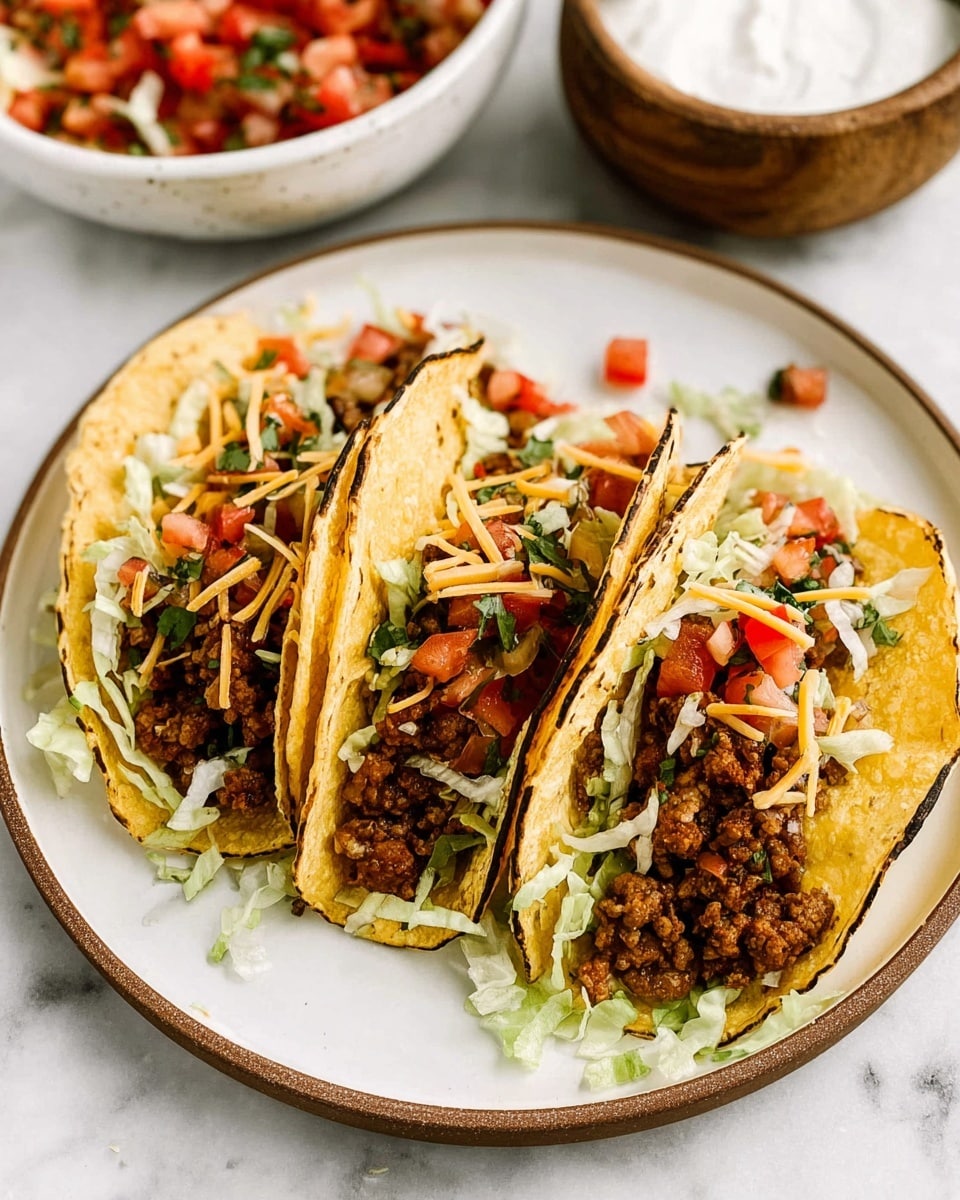 Three soft tacos sit side by side on a round white plate with a thin brown rim, placed on a white marbled surface. Each taco has two light yellow tortillas with slightly charred edges. The base layer inside the tacos is shredded light green lettuce. On top of that is a layer of browned, crumbled cooked ground meat. Scattered over the meat are small bright red tomato pieces mixed with tiny white onion bits and green herbs. Thin strands of shredded yellow and white cheese are sprinkled on top. In the upper background, there is a white bowl filled with diced tomatoes, onions, and herbs, and to the right, a brown wooden bowl containing white sour cream. photo taken with an iphone --ar 4:5 --v 7