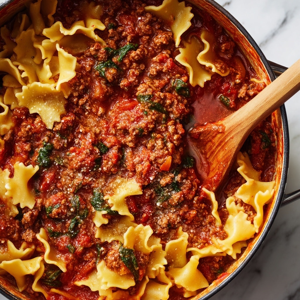 The image shows a close-up of a bowl of soup with several layers visible. The bottom layer is a rich reddish-orange broth with a slightly oily texture, containing small bits of herbs and spices. Floating on the broth are wide, flat pasta sheets that are pale yellow with slightly wavy edges. Scattered throughout are browned ground meat pieces and small chunks of red tomato. The dish is garnished with chopped fresh green herbs, adding a pop of color. The soup is served in a white bowl, set on a white marbled surface. photo taken with an iphone --ar 4:5 --v 7