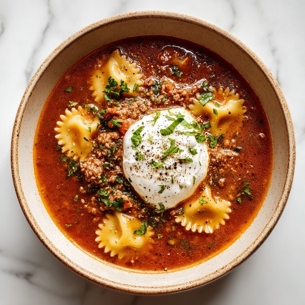 A close-up view of a steaming pot filled with a thick, rich red meat sauce, dotted with ground beef and small pieces of cooked spinach. Mixed into the sauce are wide, curly lasagna noodle pieces, showing a soft yellow color with a slightly ruffled edge. The sauce looks textured with visible herbs and bits of parmesan cheese sprinkled on top. A wooden spoon is partially submerged, stirring the sauce, with some noodles and sauce clinging to it. The pot is seen from the side, sitting on a white marbled texture. Photo taken with an iphone --ar 4:5 --v 7