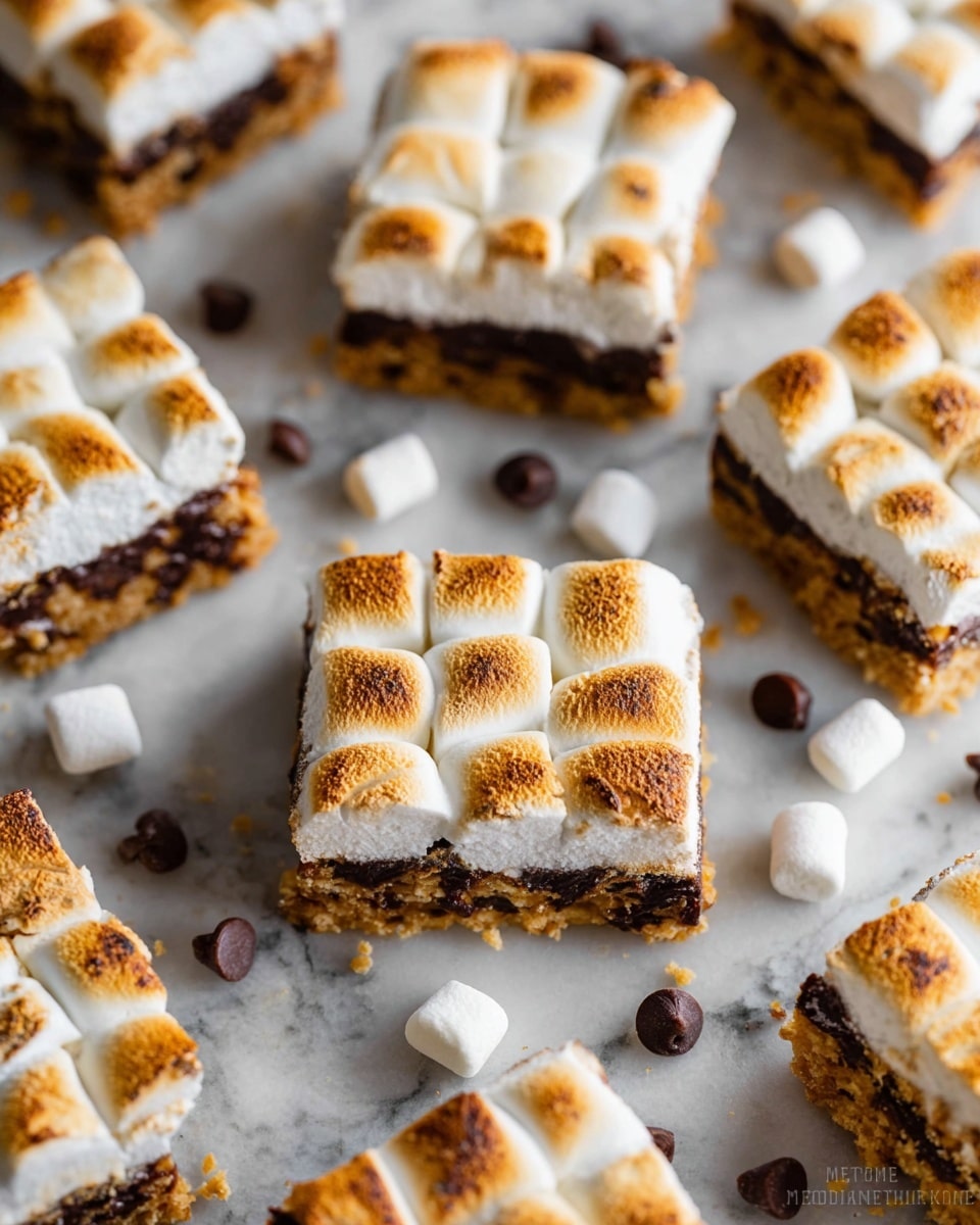 Several square marshmallow-topped treats are arranged on a white marbled surface, each with a golden-brown toasted marshmallow layer on top. Beneath the marshmallows is a dark chocolate layer with a slightly rough texture, sitting on a crumbly golden crust that forms the base. The marshmallows are neatly placed in rows, slightly puffed with a toasted color gradient from white to light brown. Scattered chocolate chips and a few white marshmallows are around the squares, adding contrast to the scene. photo taken with an iphone --ar 4:5 --v 7