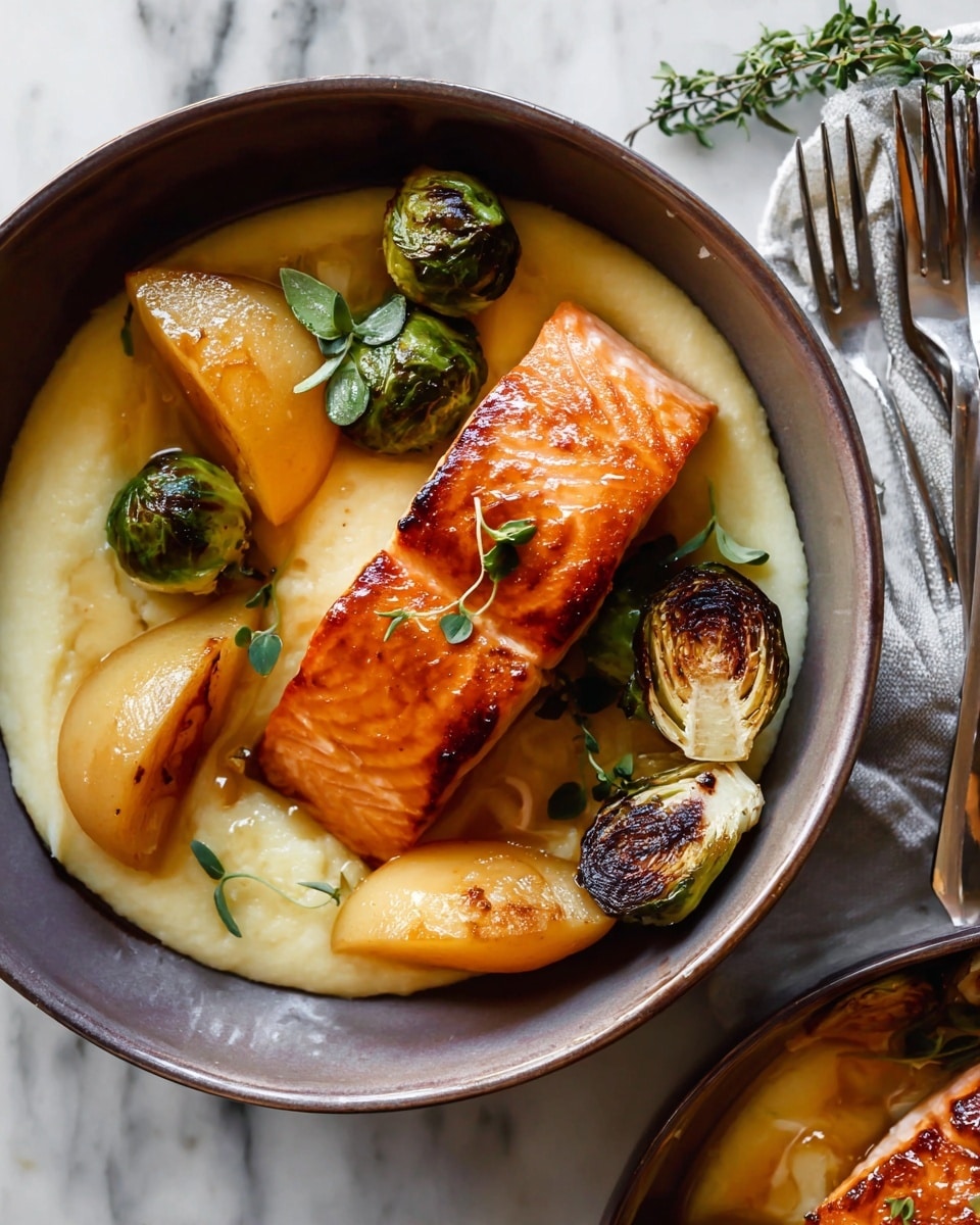 A round white bowl holds a layered dish starting with a creamy, pale yellow base that looks soft and smooth. On top of this base sits a glossy orange piece of cooked salmon fillet, glazed with a shiny sauce that reflects light. Around the salmon are several caramelized golden yellow roasted pear slices with a slightly translucent look, and some charred Brussels sprouts, their outer leaves browned and crispy with a deep green color inside. Small green herb leaves are sprinkled on top for garnish. The bowl is placed on a white marbled surface next to a fork and a knife with green herb sprigs nearby. Photo taken with an iphone --ar 4:5 --v 7