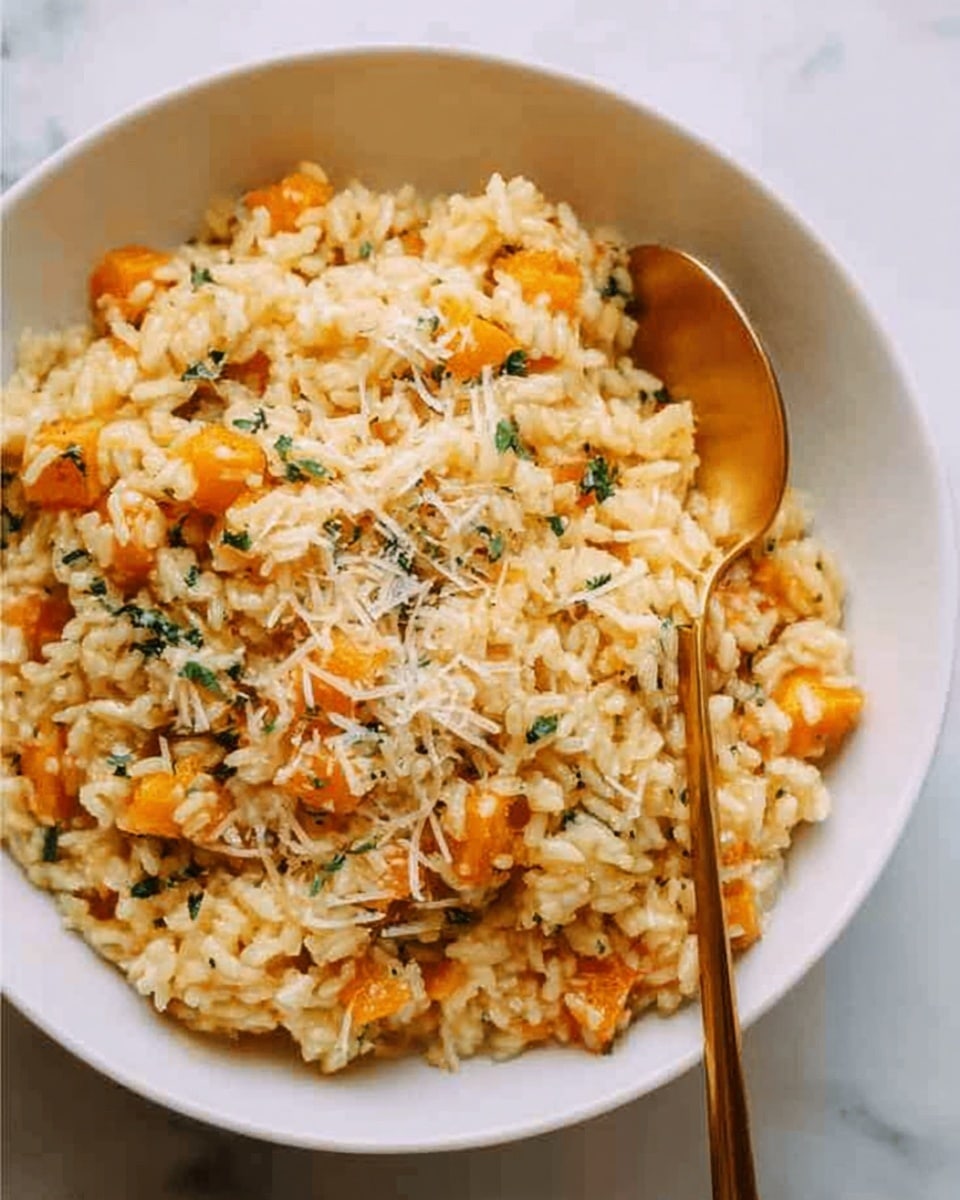 A white bowl filled with a creamy orzo pasta mixed with small orange cubed pieces, likely roasted butternut squash, and small bits of green herbs scattered throughout. The pasta and squash are evenly combined, showing a soft texture with some grated cheese sprinkled lightly on top. A gold spoon rests in the bowl on the left side, contrasting with the warm tones of the dish. The bowl is placed on a white marbled surface. photo taken with an iphone --ar 4:5 --v 7