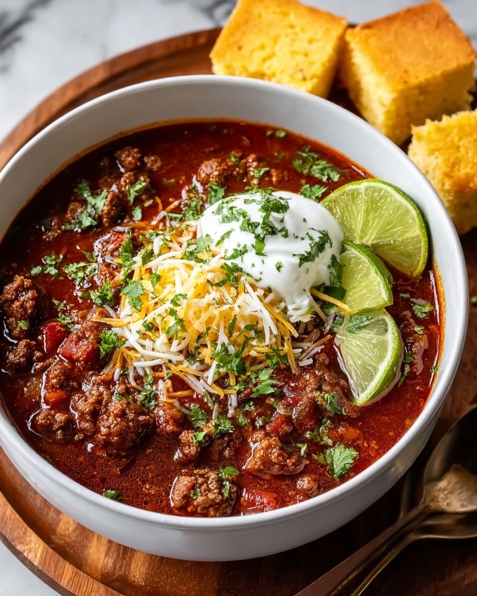 A white bowl filled with rich, dark red chili containing chunks of browned ground meat and visible bits of tomato and spices, topped with a small mound of shredded yellow and white cheese, a dollop of white sour cream, chopped green cilantro, and two lime wedges resting on the right side of the bowl; the bowl is placed on a wooden board on a white marbled surface, with three pieces of golden cornbread in the top right corner and a bronze spoon on the right side. photo taken with an iphone --ar 4:5 --v 7