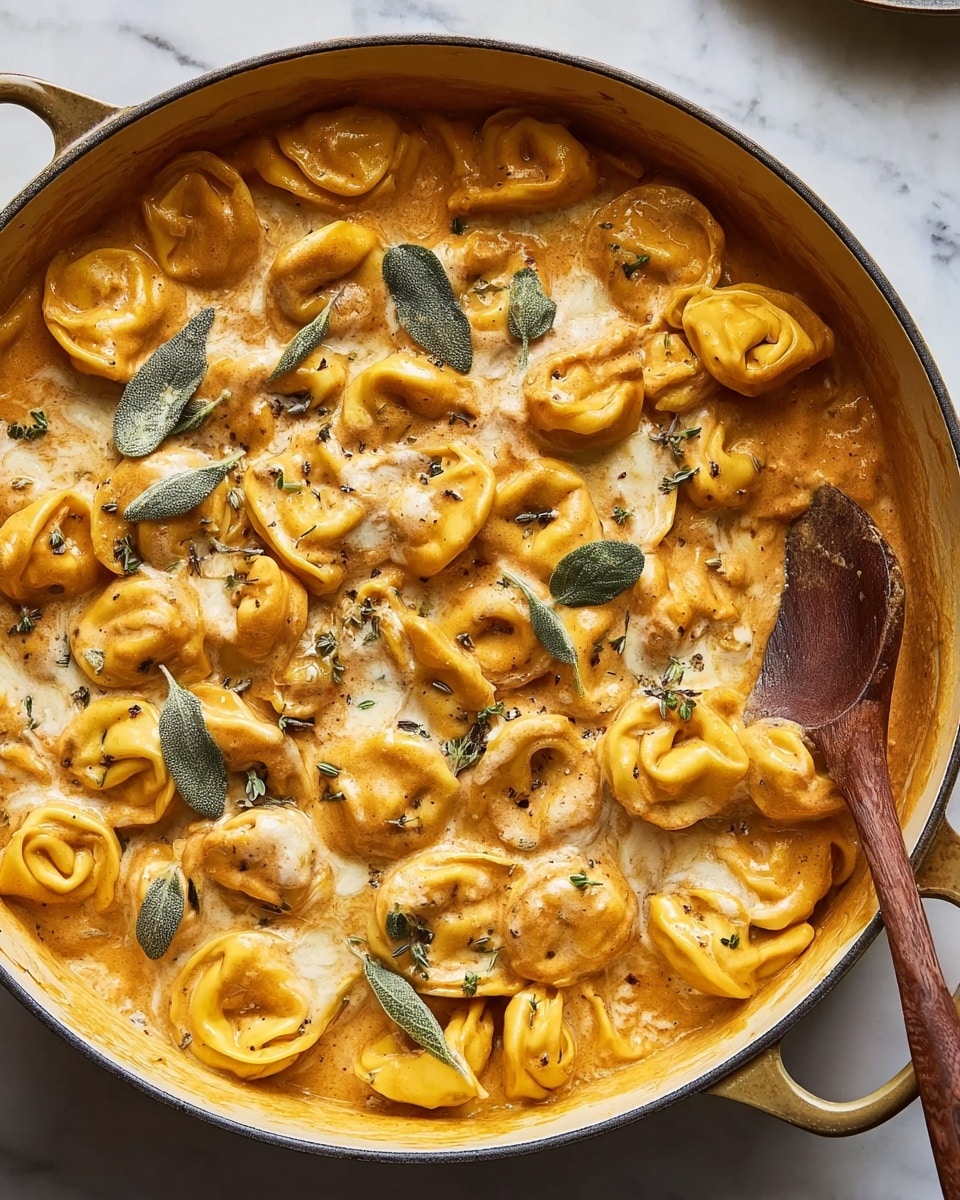 A bowl filled with a single layer of round tortellini pasta covered in thick, creamy orange sauce. The pasta pieces are plump and smooth with visible folds, sitting closely together. Scattered on top are small green herb leaves and thin white cheese shavings adding texture and color contrast. A fork rests partially on the right side of the bowl, spearing one tortellini. The bowl is earthy and round, placed on a rustic wood surface with a glass in the upper right corner. Photo taken with an iphone --ar 4:5 --v 7