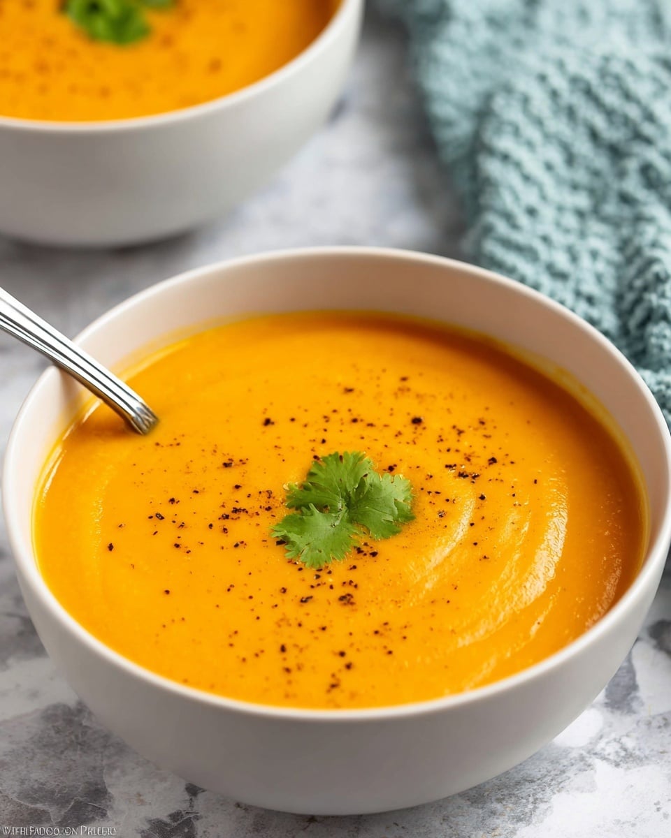 A white bowl filled with smooth bright orange soup that has a creamy texture, topped with a small green cilantro leaf and a light sprinkle of black pepper. A metal spoon is partially visible resting inside the bowl. Another white bowl with the same soup is slightly blurred in the background. The bowls are placed on a white marbled surface. The overall look is fresh and vibrant, with warm colors. Photo taken with an iphone --ar 4:5 --v 7