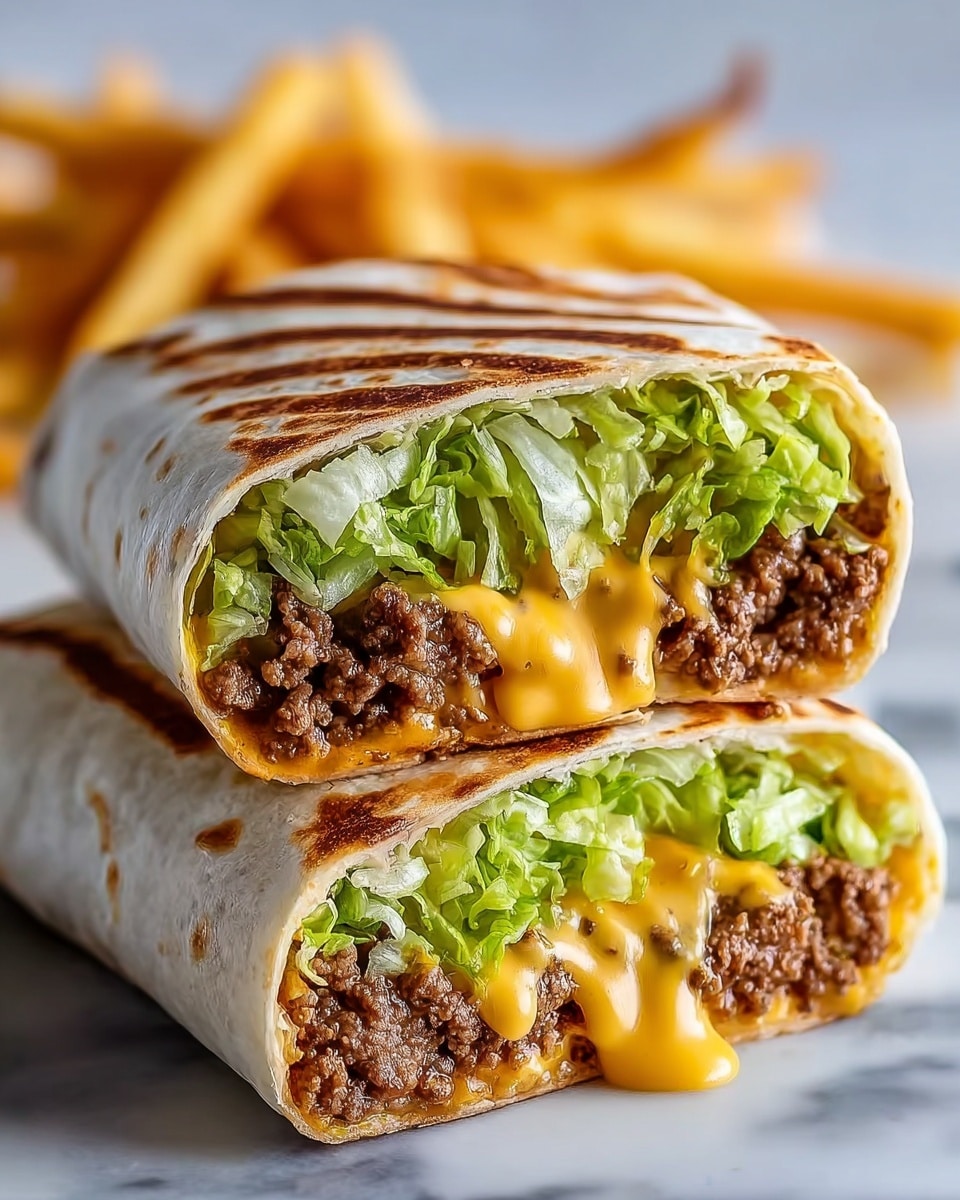 The image shows two halves of a grilled wrap stacked on a white marbled surface, each cut to display the inside layers clearly. The outer layer is a golden-brown grilled tortilla with distinct grill marks. Inside, there is a bottom layer of finely cooked ground beef, rich brown in color and slightly crumbly in texture. Above the beef is a layer of melted yellow cheese that is slightly gooey and dripping down the sides. The top layer consists of fresh, bright green shredded lettuce that is crisp and adds a fresh contrast to the warm colors below. In the blurred background, there are golden French fries standing upright, adding context to the meal. photo taken with an iphone --ar 4:5 --v 7