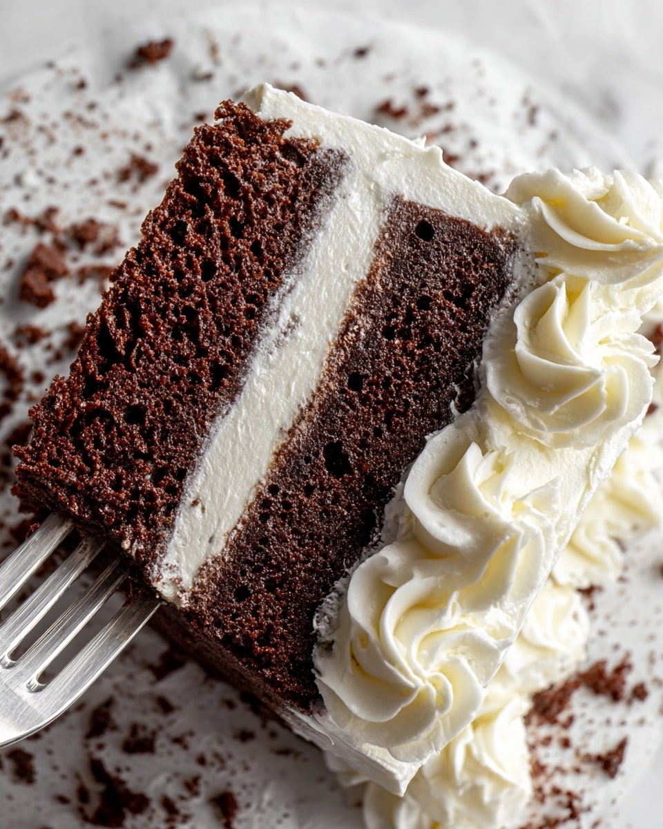 A close-up of a slice of two-layer chocolate cake with thick white creamy frosting between and all around the layers; the cake has a soft and moist texture with visible air holes in the chocolate part, while the frosting is smooth and swirled with delicate peaks on the edges; the slice is placed on a white surface with a white marbled texture, and a fork is holding the cake from the bottom right corner; scattered small chocolate crumbs are visible on the white marbled surface around the cake slice. photo taken with an iphone --ar 4:5 --v 7