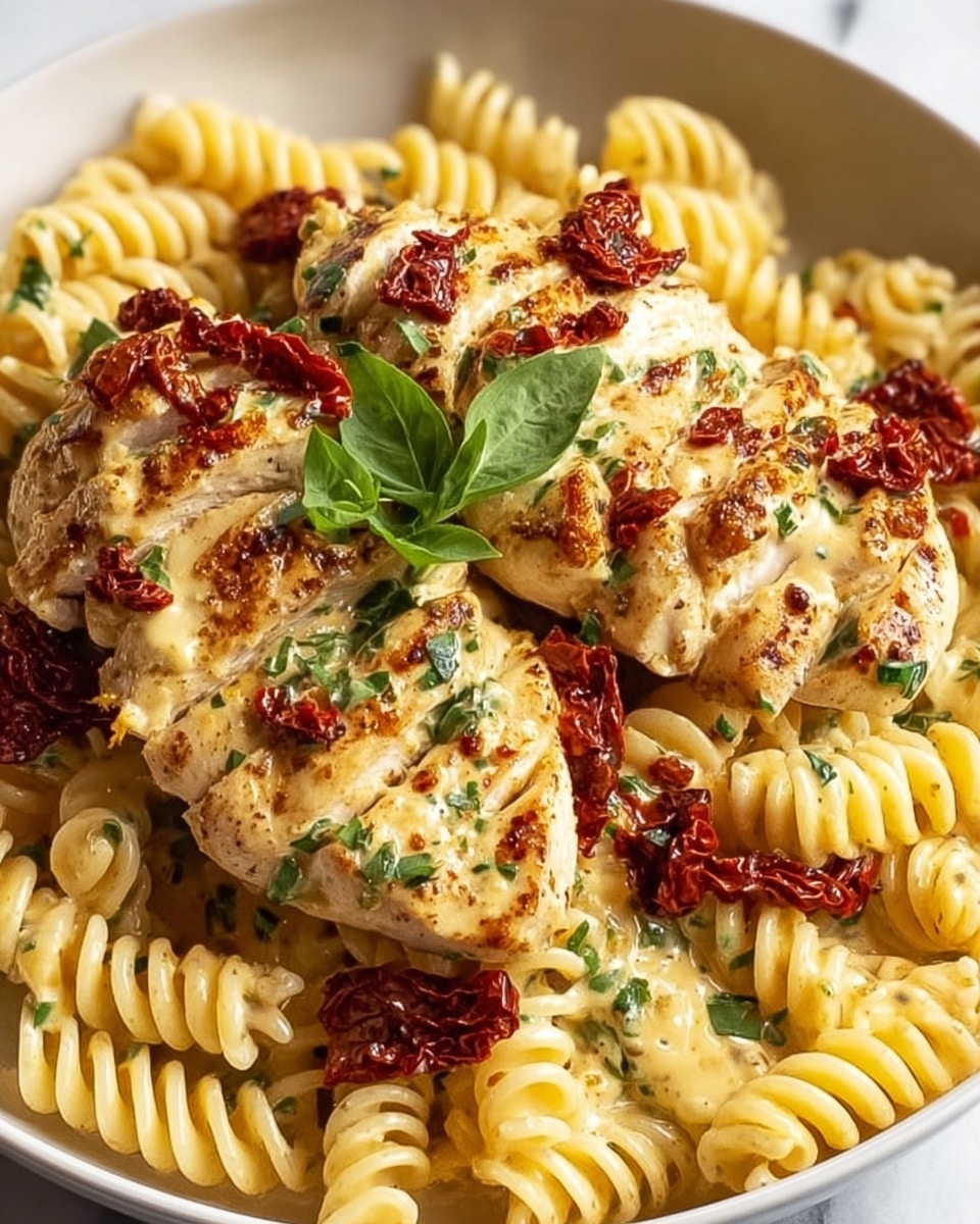 A close-up view of a white plate filled with creamy rotini pasta as the base layer, showing swirled, light yellow noodles mixed with finely chopped green herbs. On top of the pasta are three pieces of grilled chicken breasts, golden brown with visible grill marks and small bits of chopped herbs. Scattered over the chicken and pasta are deep red sun-dried tomato pieces, adding a rich color and texture contrast. In the center of the chicken, a small fresh green basil sprig sits as a garnish. The entire dish rests on a white marbled surface. Photo taken with an iphone --ar 4:5 --v 7