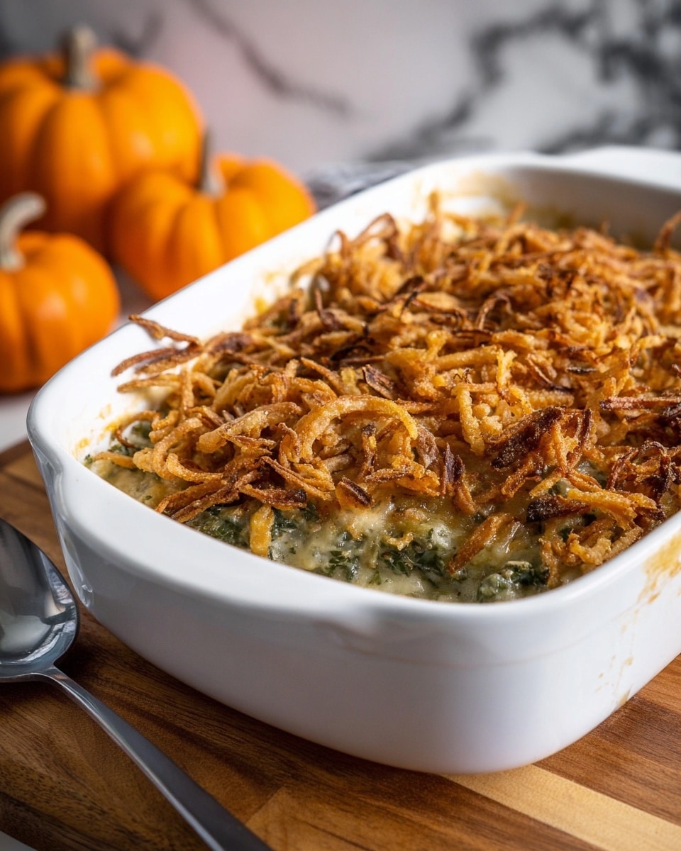 A white rectangular baking dish filled with a creamy casserole that shows a greenish layer beneath a thick, crispy golden-brown topping of fried onions. The casserole has three main layers: a creamy, pale white base, a green vegetable or bean layer in the middle, and a crunchy top layer of unevenly spread caramelized fried onions with a mix of light brown to dark golden colors. The dish is placed on a wooden surface, with a blurred background of oranges adding a warm tone. photo taken with an iphone --ar 4:5 --v 7
