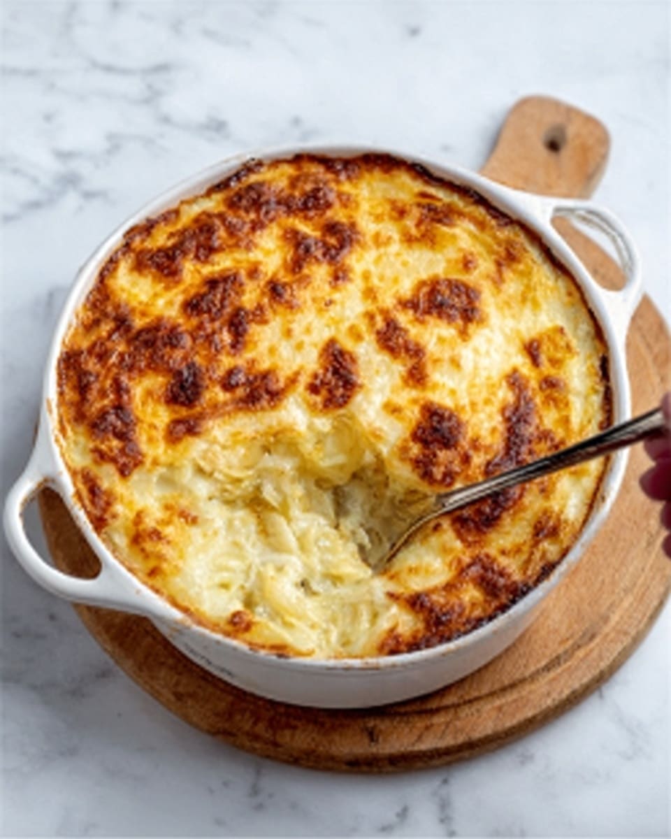 The image shows a golden-brown baked dish in a round white ceramic bowl with two small handles. The top layer is bubbly and crispy with a mix of lighter and darker brown spots, suggesting melted cheese gratin. One section is scooped out, showing creamy, textured layers underneath, likely a soft mixture of potatoes or pasta. The bowl sits on a wooden board, all on a white marbled surface. A utensil is partially inside the scoop area, held by a woman's hand. photo taken with an iphone --ar 4:5 --v 7