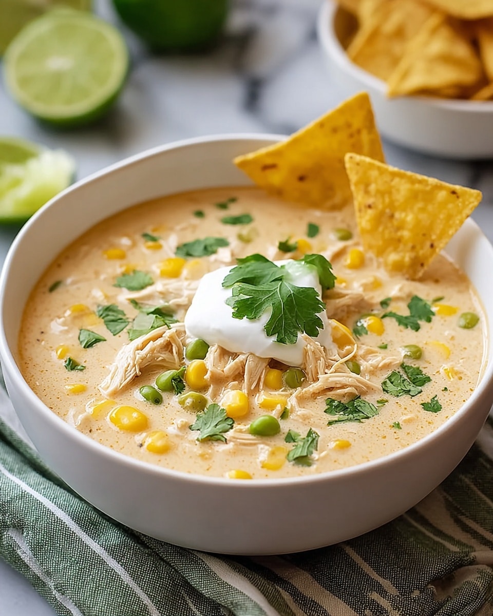 A white bowl filled with creamy chicken soup, layered first with a smooth light beige broth mixed with visible pieces of yellow corn and white beans. On top, there is a generous pile of shredded white chicken and scattered green cilantro leaves. Half an avocado sliced into a fan shape rests on one side. Next to the avocado, a handful of yellow corn tortilla chips with black seasoning lean against the side of the bowl. The bowl is placed on a wooden board with a white and green striped cloth nearby, all set on a white marbled surface. Photo taken with an iphone --ar 4:5 --v 7