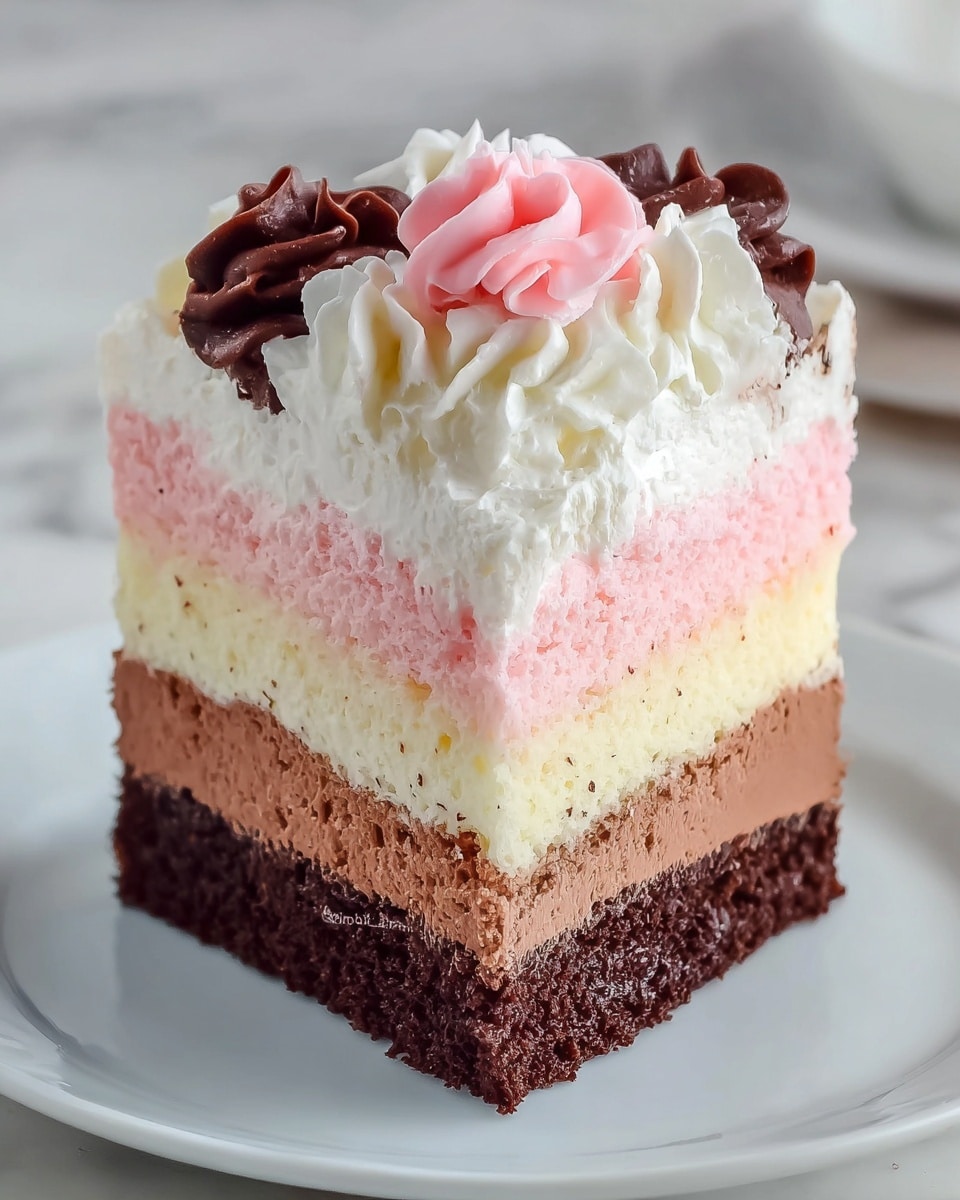 A slice of layered cake sits on a white plate over a white marbled texture. The cake has five layers: the bottom is dark brown with a moist texture, followed by a thin layer of rich milk chocolate cream. Above that is a thick, creamy white layer, then a pink sponge cake layer with a soft, airy texture. The top layer is smooth white cream decorated with rosettes of white and dark chocolate cream, and a single pink cream rosette in the center. The cake’s edges are clean and the rosettes have a swirled, delicate appearance. photo taken with an iphone --ar 4:5 --v 7