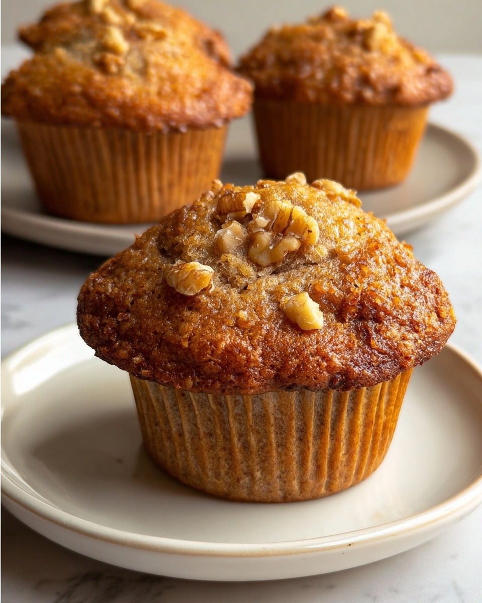 Three muffins sit on a white plate with a smooth surface, placed on a white marbled texture. Each muffin is golden brown with a slightly crispy, textured top sprinkled with light brown walnut pieces and oats. The muffins have a moist, dense body with a darker brown crust around the edges. Soft shadows fall behind the muffins, highlighting their rounded tops and crumbly texture. The close-up view shows the rough surface of the muffins and nut pieces clearly. photo taken with an iphone --ar 4:5 --v 7