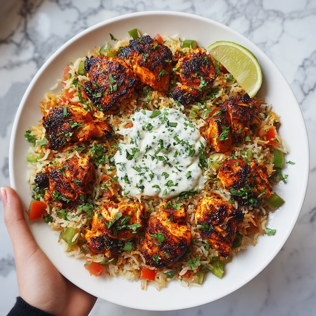 A white bowl filled with a layer of brown fried rice mixed with small pieces of green and red bell peppers forming the base, topped with eight grilled chicken pieces that are charred and golden brown with visible herbs on top, sitting around a dollop of white creamy sauce garnished with chopped green herbs in the center, all placed on a white marbled surface. Photo taken with an iphone --ar 4:5 --v 7