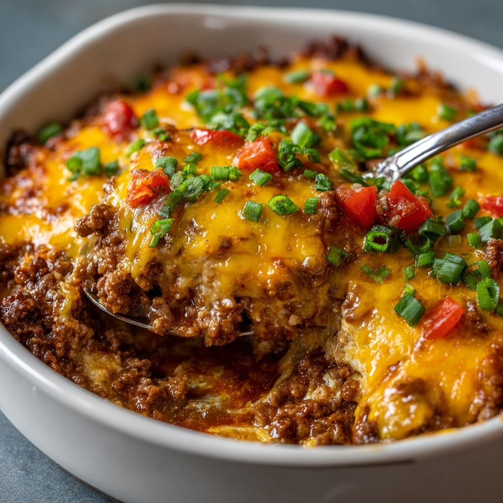This image shows a close-up of a dish in a white bowl with a thick layer of cooked ground beef mixed with small, red tomato pieces. The top layer is covered with melted, golden-yellow cheddar cheese that looks creamy and soft. Small pieces of chopped green onions and green chili peppers are sprinkled all over the dish, adding a fresh green color. A metal spoon is scooping a portion from the center, revealing a mix of brown, crumbly beef and gooey cheese underneath. The whole dish looks rich, savory, and comforting with a rustic texture. Photo taken with an iphone --ar 4:5 --v 7