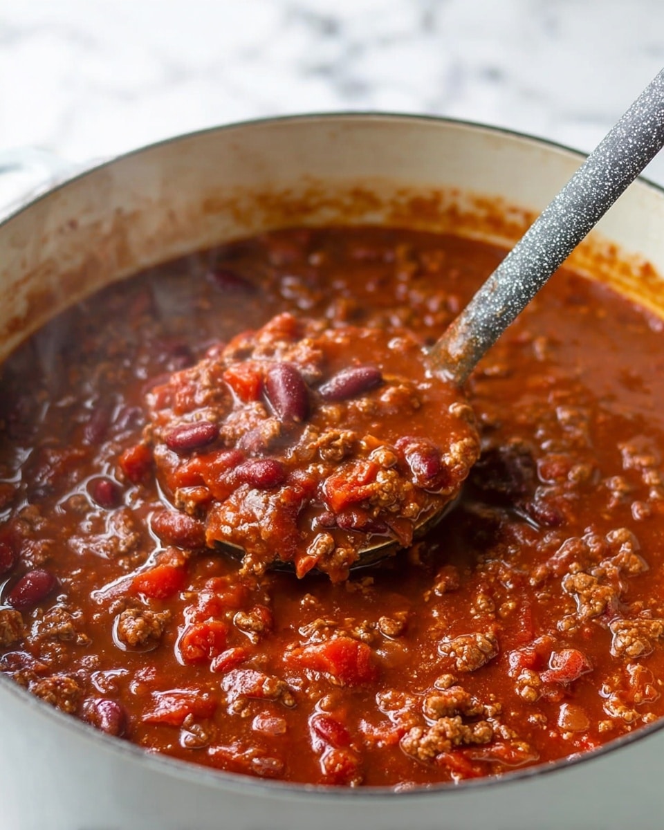 A close-up of a thick chili stew inside a white pot with a ladle lifting part of the chili. The chili shows a rich mix of red and brown colors with visible kidney beans, chopped tomatoes, and small bits of ground meat in a dense, saucy texture. The surface of the chili is glossy with some steam rising, indicating warmth. The ladle is speckled gray and partially submerged in the chili, adding contrast to the red stew. The background is a white marbled texture. photo taken with an iphone --ar 4:5 --v 7