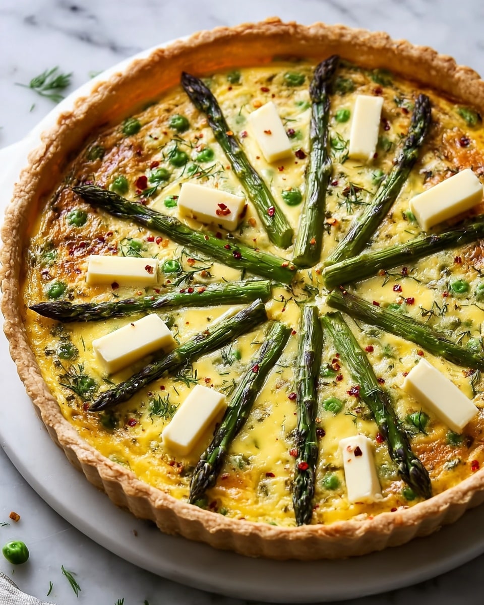 A savory quiche sits on a white plate, showing three clear layers: a golden brown, flaky crust forming a tall, ridged edge; a bright yellow egg custard base mixed with visible green peas and finely chopped herbs; and a top layer decorated with green asparagus spears arranged in a circle radiating from the center, each topped with pale yellow rectangular cheese chunks sprinkled with black pepper and red flakes. The texture contrasts between the crisp crust, smooth custard, and fresh vegetables are clear against the white marbled texture surface. photo taken with an iphone --ar 4:5 --v 7