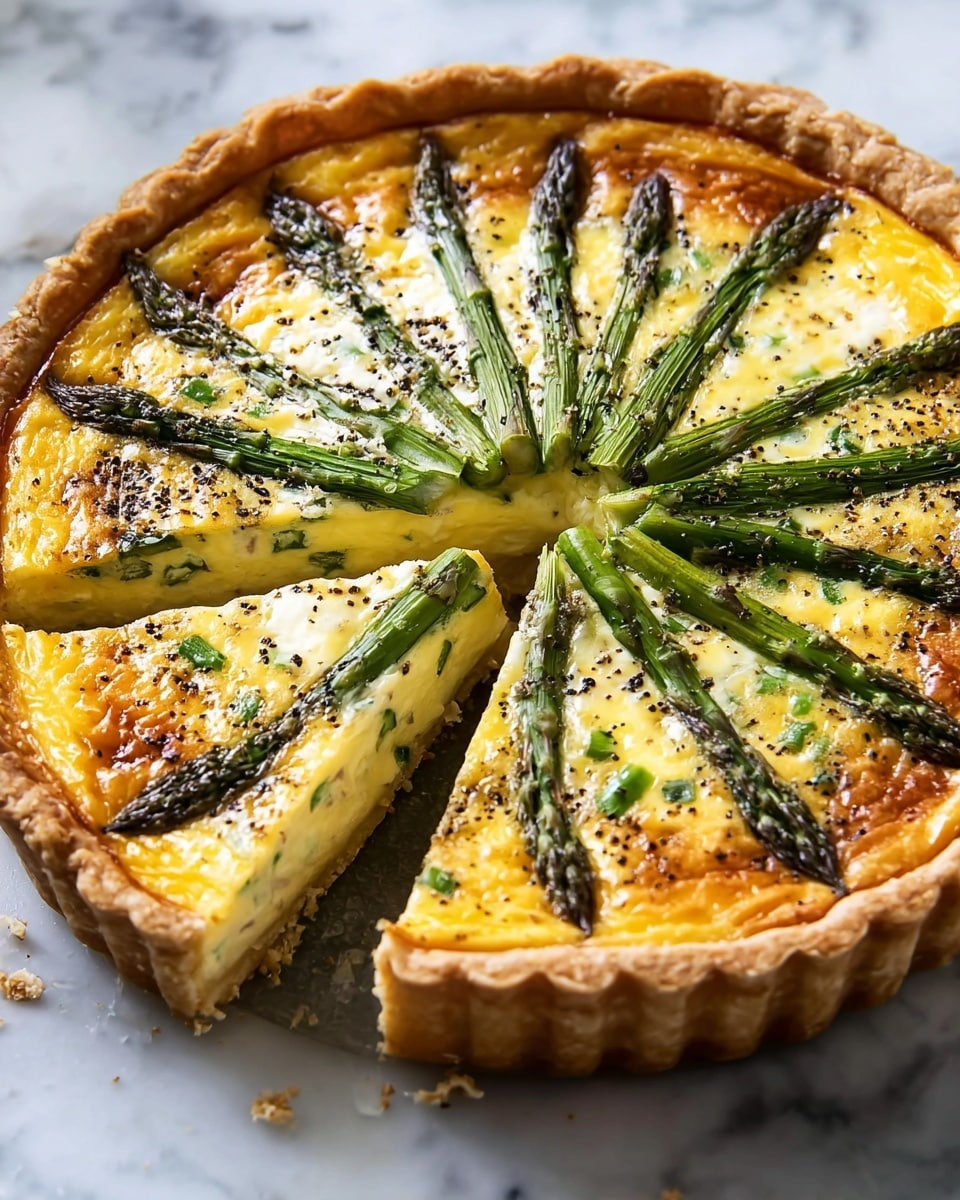A golden-brown tart crust forms the thick outer layer, with its edges curled and crimped neatly. Inside, a creamy, yellow egg filling dotted with green herbs and small vegetable pieces covers the base. On top, bright green asparagus spears are arranged like sun rays, radiating from the center out to the crust. The filling has a slightly browned, baked texture with hints of melted cheese and is sprinkled with coarse black pepper. The tart rests on a white marbled surface. photo taken with an iphone --ar 4:5 --v 7