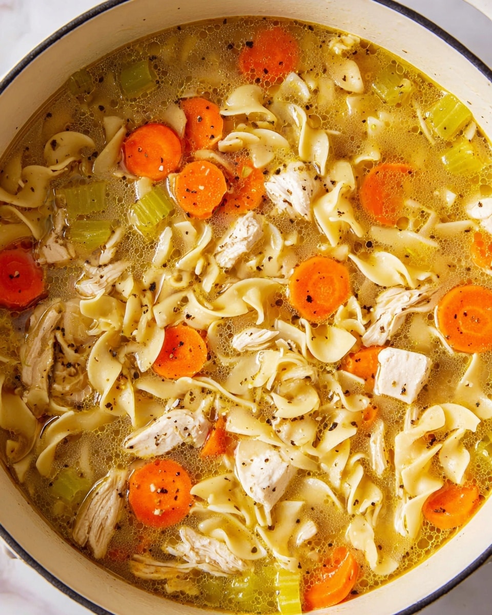 A white bowl filled with clear chicken noodle soup, showing three main layers: at the bottom, light yellow broth with visible herbs; in the middle, orange carrot slices, green celery pieces, and small white chunks of chicken; on top, pale yellow wide egg noodles curled in different shapes. A metal ladle is lifting a portion of the soup displaying the same layers closely, with some black pepper sprinkled on it. The bowl is set on a white marbled surface. Photo taken with an iphone --ar 4:5 --v 7
