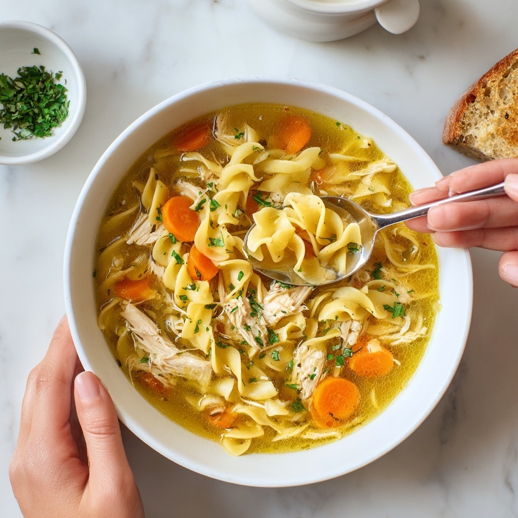 A white bowl filled with chicken noodle soup sits on a white marbled surface. The soup has three main layers: the bottom layer is a clear golden broth, the middle layer contains yellow twisted egg noodles and small bright orange carrot slices, and the top layer has shredded white and light brown chicken pieces with chopped green herbs sprinkled for garnish. A spoon rests inside the bowl, lifting noodles, carrot slices, and chicken, held by a woman's hand. To the right edge, a piece of toasted bread is partly visible. A blurred white cup and small bowl with green herbs sit in the background. Photo taken with an iphone --ar 4:5 --v 7