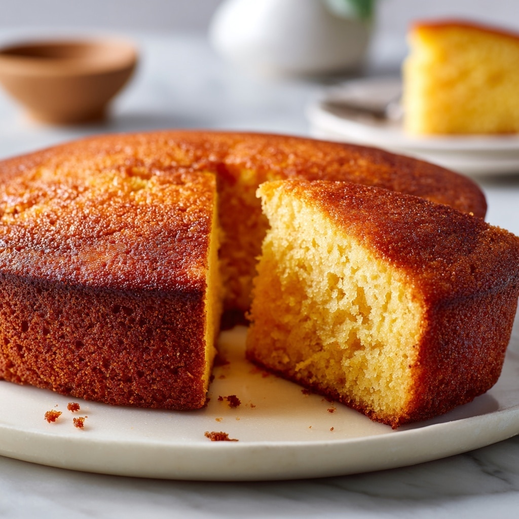 A round, single-layer orange cake with a golden brown top and a moist, dense, bright orange interior is presented on a white plate with a slightly scalloped edge. The cake has a textured, slightly cracked crust on top and around the sides. One slice is cut and slightly pulled away, revealing the soft crumb inside. The plate sits on a white marbled surface, and in the background, a glass of milk is somewhat blurred, adding a cozy feel. photo taken with an iphone --ar 4:5 --v 7