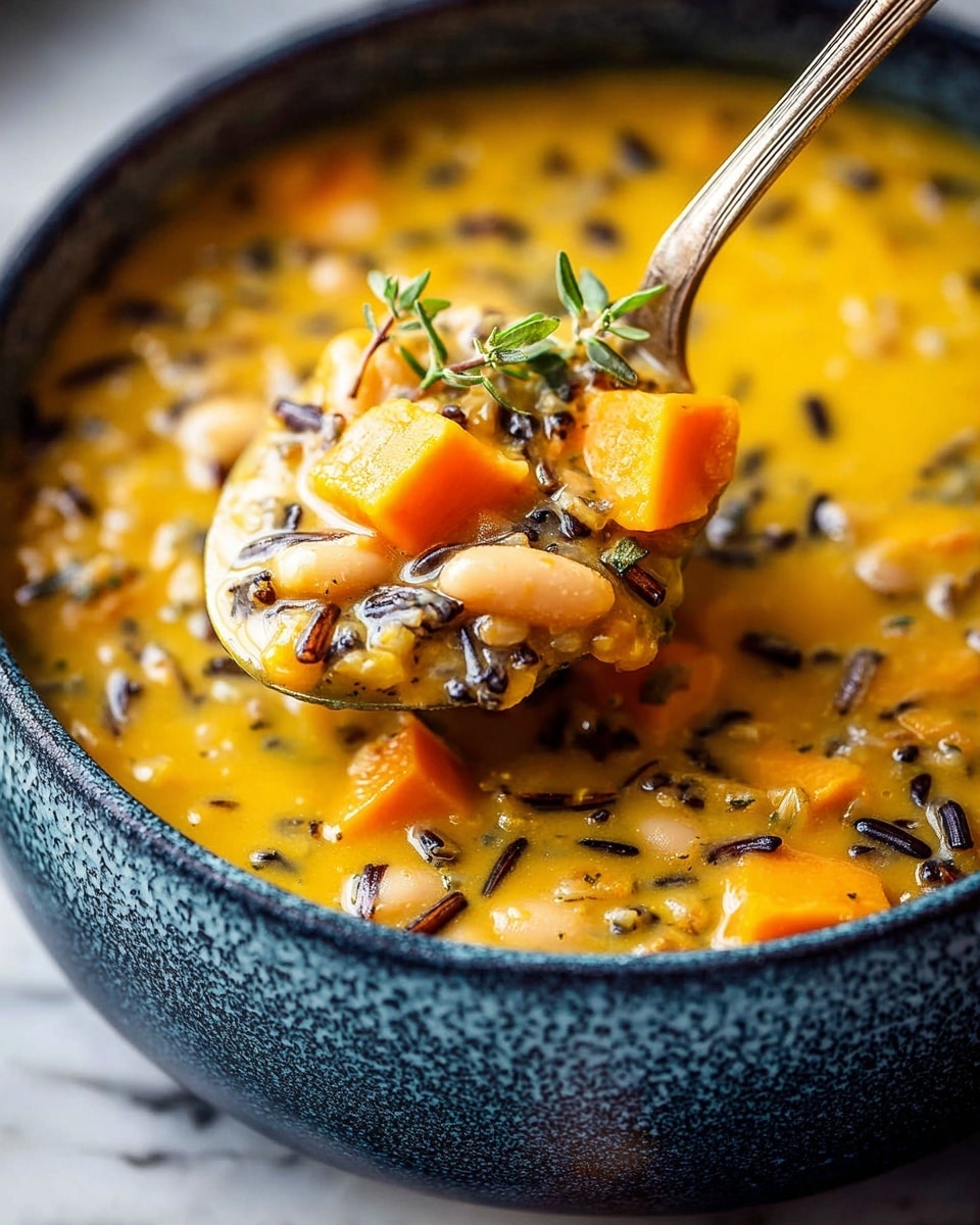 The image shows a close-up of a thick soup inside a dark blue pot, with a gold ladle lifting some of the soup. The soup is orange-yellow in color with visible chunks of bright orange sweet potato pieces, white beans, and dark wild rice grains mixed throughout. The soup looks creamy and hearty, with a sprig of fresh green thyme resting on top of the ladleful. The pot is set on a white marbled surface. photo taken with an iphone --ar 4:5 --v 7