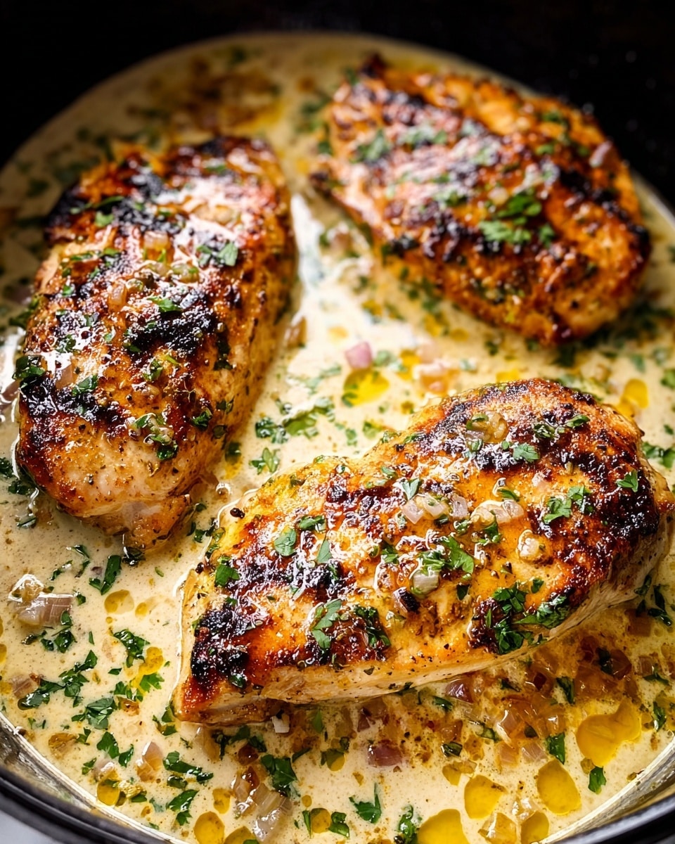 The dish shows three thick chicken breasts with a golden brown sear on top, sitting in a creamy light yellow sauce with visible pieces of bacon and chopped green herbs sprinkled all over. The chicken is arranged in a clear glass baking dish, with the sauce slightly bubbling around the edges, giving it a rich and smooth texture. The chicken breasts have a shiny, moist surface with some places darker from the sear, and the chopped herbs add a fresh green contrast on top. The image is close-up and focused on the food, with the clear glass dish allowing the creamy sauce and bits underneath to be seen clearly. Photo taken with an iphone --ar 4:5 --v 7