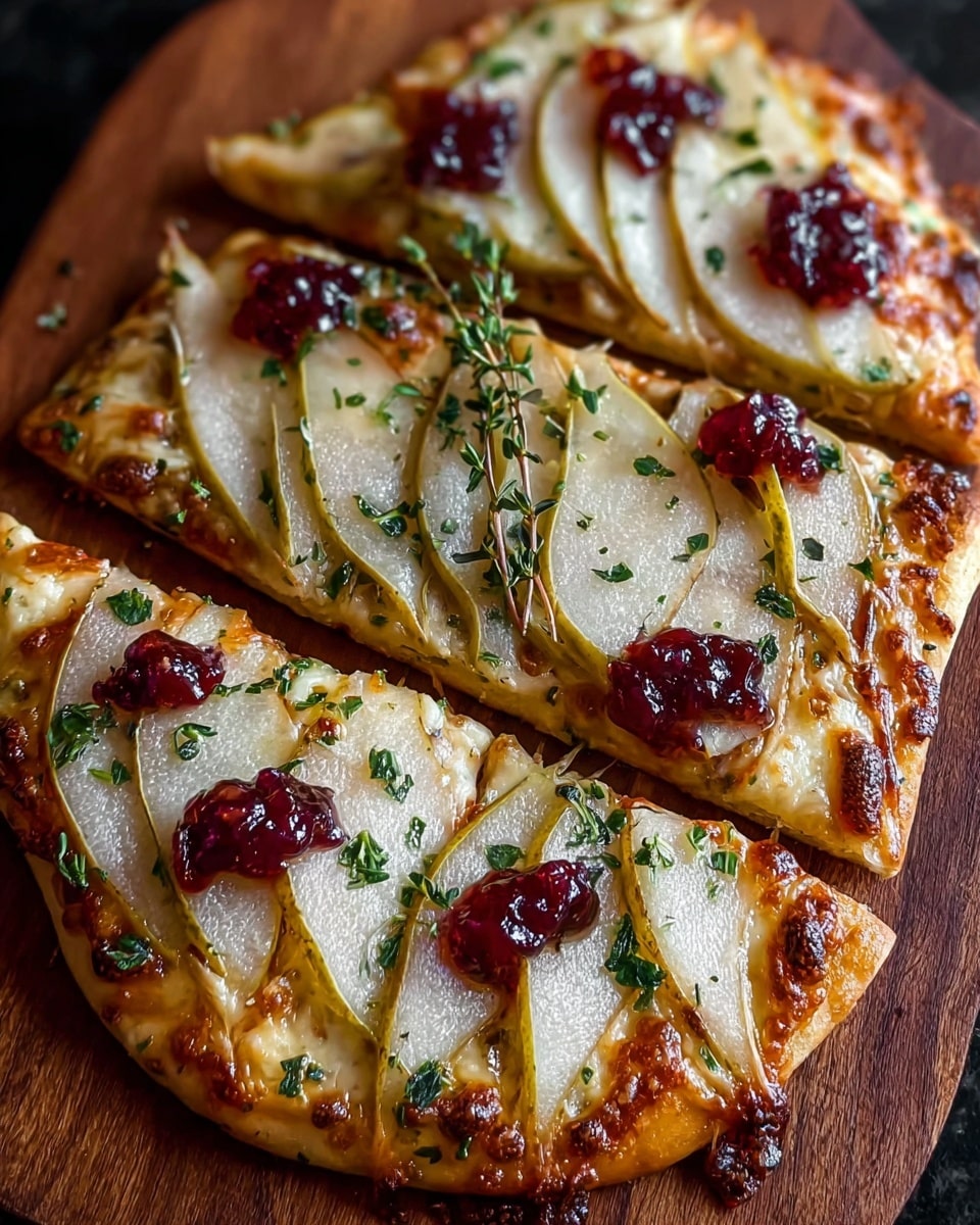 A close-up view of a flatbread pizza cut into four pieces, arranged on a wooden board. The flatbread has a golden-brown crust with melted cheese on top that forms the base layer. Thin slices of pear are neatly placed across the cheese, creating a light, translucent pale yellow layer with subtle green edges. Small dollops of deep red jelly are spread evenly over the pear slices, adding a glossy, textured contrast. Sprinkles of finely chopped green herbs cover the whole pizza, and a whole sprig of fresh thyme lies in the center, adding height and color. The background is softly blurred, highlighting the details of the flatbread pizza. Photo taken with an iphone --ar 4:5 --v 7