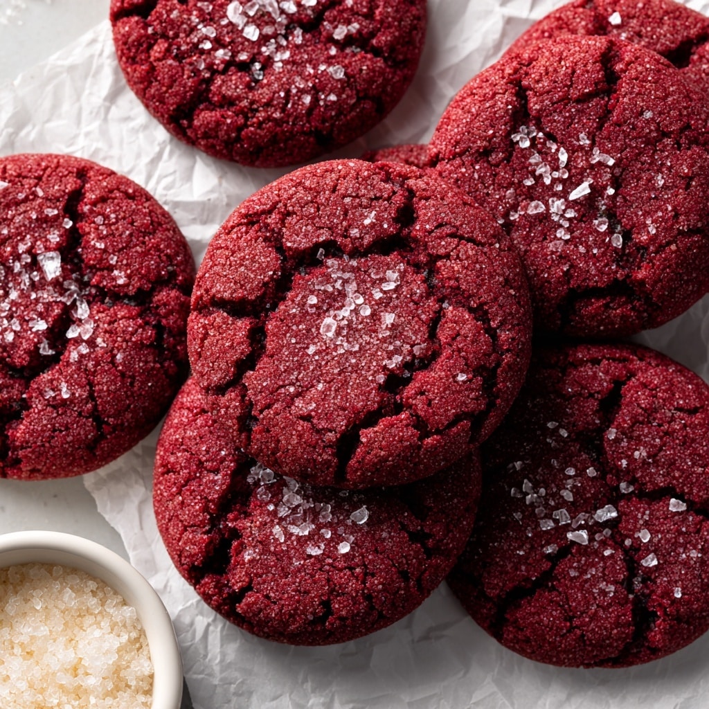 The image shows several large, round cookies with a rich deep red color and a slightly cracked surface. Each cookie is sprinkled with coarse, clear sugar crystals on top, adding a sparkling texture. The cookies sit on crinkled white parchment paper placed over a white marbled surface. In the lower left corner, there is a small white bowl filled with more coarse sugar. The photo is bright, highlighting the contrast between the cookie's deep red and the white background, giving a fresh and clean look. photo taken with an iphone --ar 4:5 --v 7