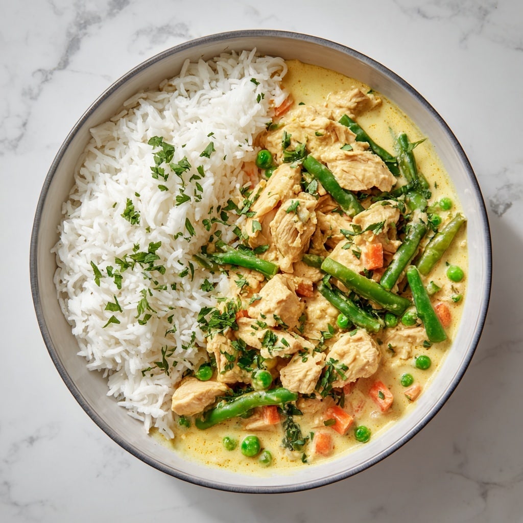 A white bowl filled with a base layer of cooked white rice mixed with green peas, topped with golden-brown grilled chicken pieces scattered evenly across the surface, garnished with chopped fresh green herbs, and three lime wedges placed around the edge of the bowl. The bowl sits on a white marbled surface. photo taken with an iphone --ar 4:5 --v 7