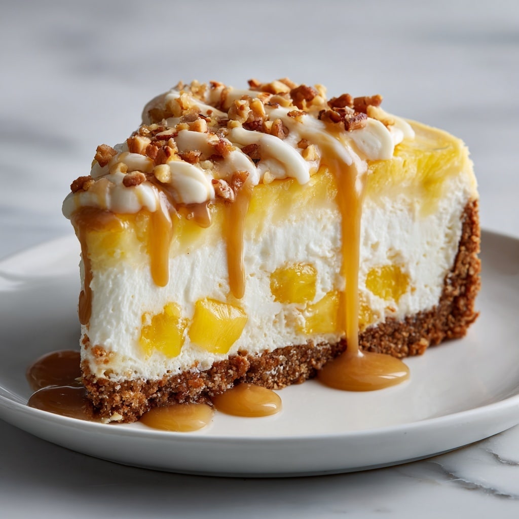 A slice of creamy pineapple cheesecake displayed on a white plate, set on a white marbled surface. The dessert has a crunchy, golden-brown crust at the bottom. Above the crust is a thick, white creamy layer mixed with chunks of bright yellow pineapple. On top of this is a smooth, pale yellow layer of cheesecake. The cake is topped with thick, glossy drizzles of creamy sauce and sprinkled with chopped nuts. The sauce also drips down the side of the slice onto the plate. Photo taken with an iphone --ar 4:5 --v 7