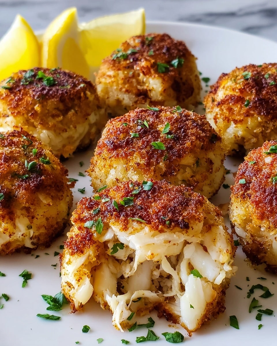 The image shows four golden brown, crispy crab cake balls placed closely together on a clean white plate. Each ball has a crunchy exterior with visible flakes of white crab meat peeking through the textured crust that has a mix of light and darker browns, suggesting a well-cooked surface. Small green parsley pieces are sprinkled on top of the crab cakes, adding a touch of color. A fresh parsley sprig is placed on the right side of the plate, resting on the white surface. The overall presentation is simple and focused on the rich texture and color of the crab cakes, set against a white marbled background. photo taken with an iphone --ar 4:5 --v 7