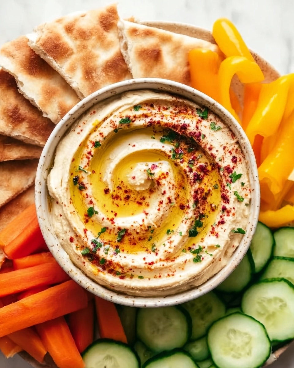 The image shows a white bowl filled with creamy hummus, topped with a swirl of golden olive oil, sprinkled with red paprika, and small green herb pieces. Around the bowl, there are thin slices of light tan pita bread arranged in a fan shape on a white marbled surface. Next to the pita, slices of fresh green cucumber and orange carrot sticks are placed neatly, creating a colorful and fresh look. A woman's hand holds a piece of pita bread close to the bowl. The lighting is soft and natural, emphasizing the textures and colors of the food, photo taken with an iphone --ar 4:5 --v 7