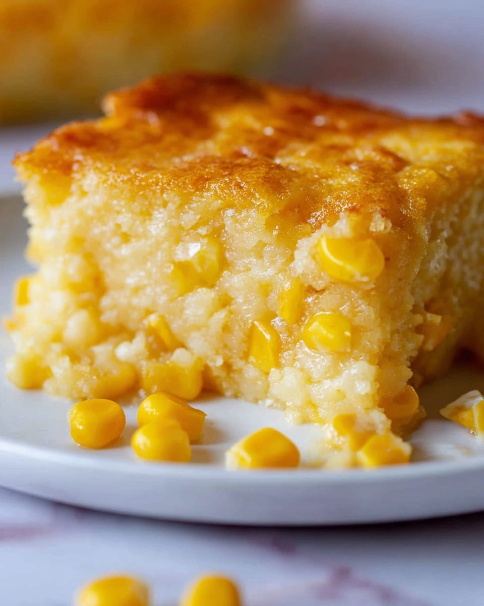 The image shows a close-up of a thick slice of cornbread on a white plate, featuring a golden-brown top crust that looks slightly crispy, with a soft, moist inside full of bright yellow corn kernels spread evenly throughout. The cornbread texture inside appears crumbly yet smooth, with visible shiny butter or moisture enhancing the look. A few corn kernels are scattered on the plate in front, and the background is a soft blur of yellow tones, all set on a white marbled surface. photo taken with an iphone --ar 4:5 --v 7