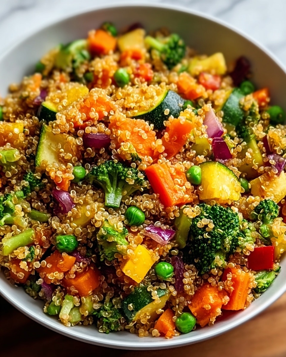 A bowl filled with a colorful quinoa salad showing tiny round quinoa grains in a light golden color as the main layer, mixed with brightly colored vegetable pieces including green broccoli florets, orange carrot sticks, yellow bell pepper chunks, red bell pepper pieces, light green zucchini cubes, and small green peas, along with bits of purple onion, all layered evenly and mixed together, with the bowl itself white and resting on a white marbled texture, photo taken with an iphone --ar 4:5 --v 7