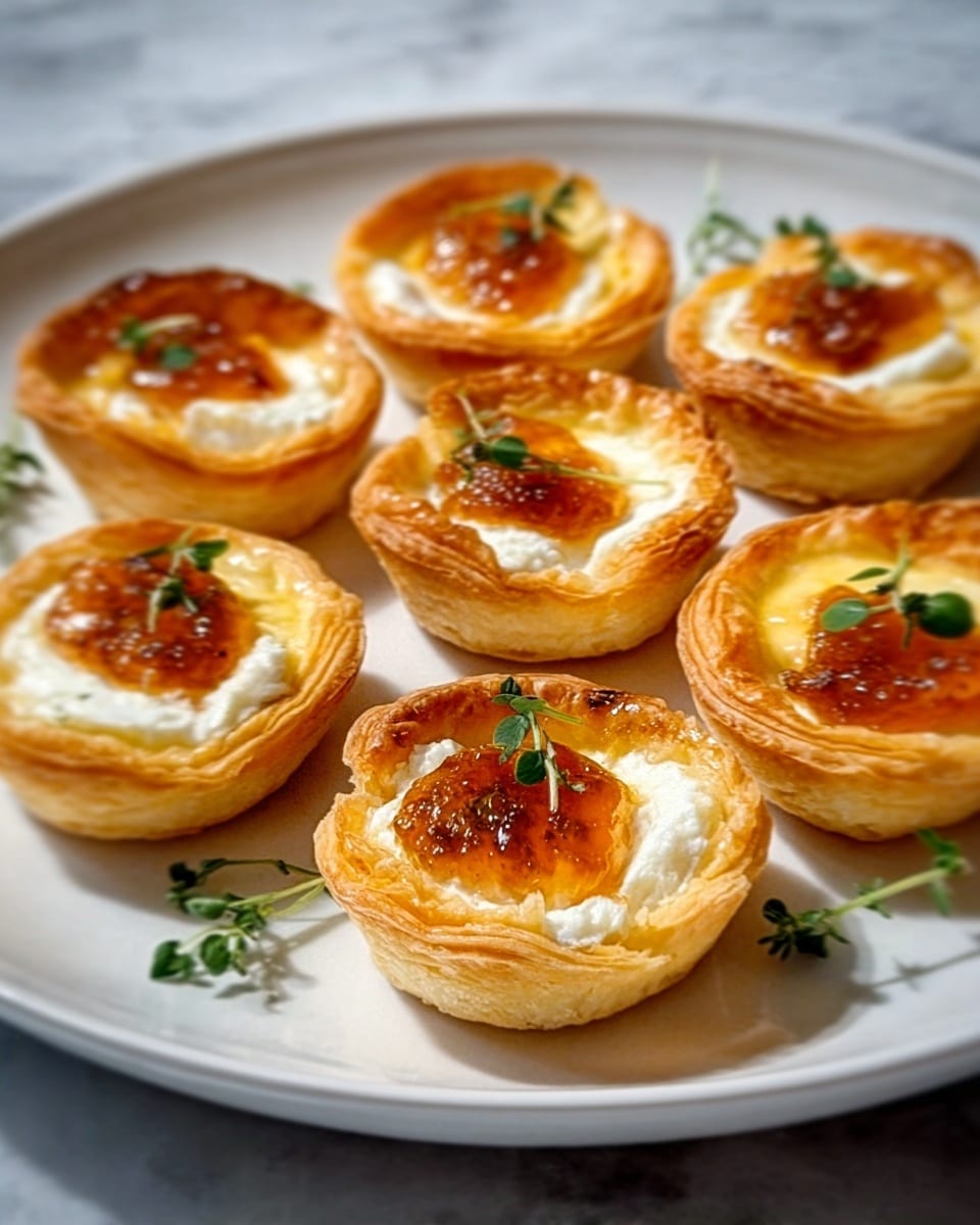 The image shows a white plate filled with eight small tarts, each tart having a golden-brown flaky crust. Inside each tart is a visible soft white layer of creamy cheese topped with a glossy, amber-colored fruit jam or jelly. Small green herb leaves are scattered over and around the tarts, adding a fresh touch. The tarts are arranged neatly on the plate, which sits on a white marbled surface. photo taken with an iphone --ar 4:5 --v 7
