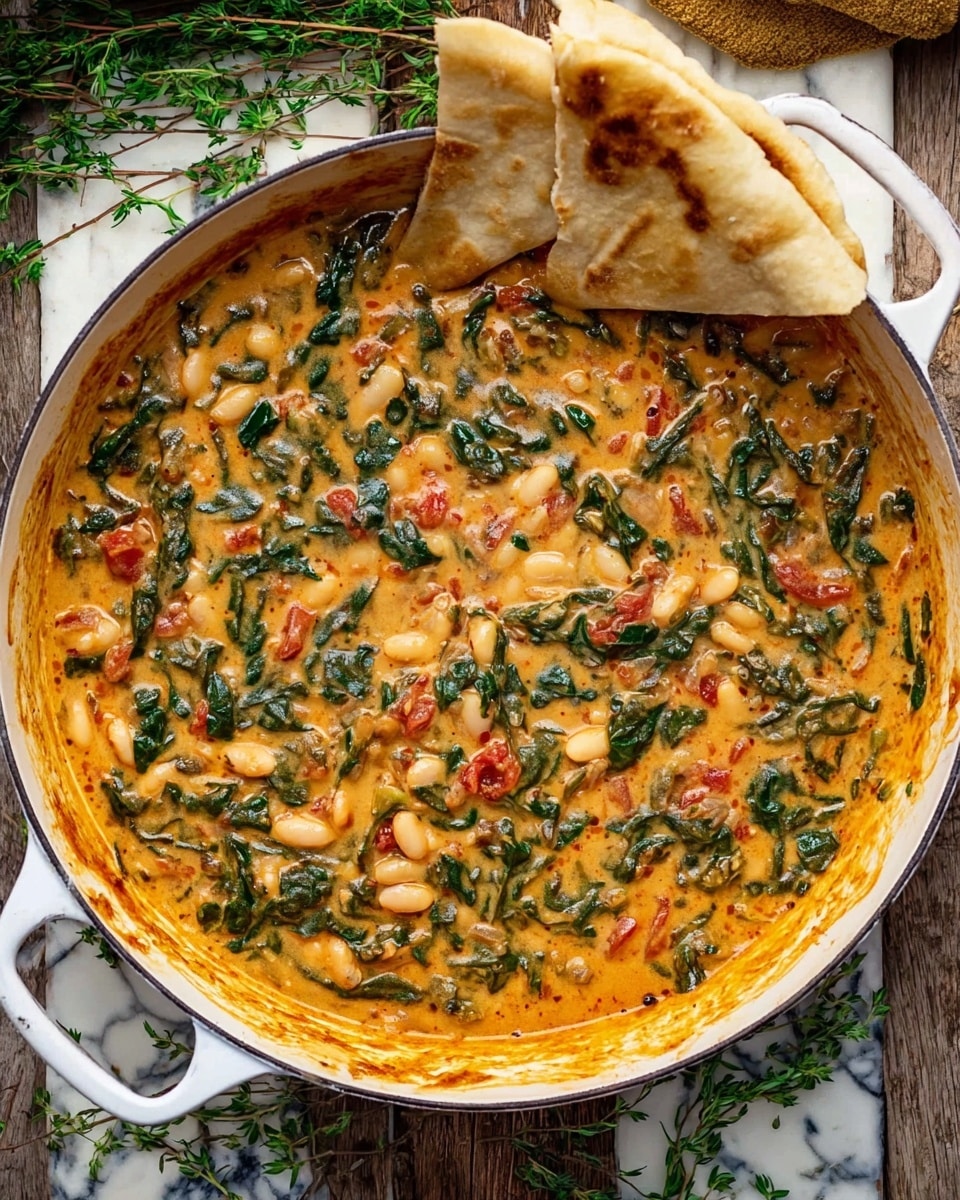 A large white pot contains a creamy, thick stew with three visible layers: a base of golden yellow and orange sauce mixed with creamy white beans, scattered pieces of wilted dark green spinach, and small bits of red tomato throughout, creating a mixed texture. On the side of the pot, three soft, folded pieces of light brown naan bread with charred dark brown spots are placed partially inside the stew. The pot sits on a white marbled surface surrounded by fresh green parsley leaves and white lace fabric. Photo taken with an iphone --ar 4:5 --v 7