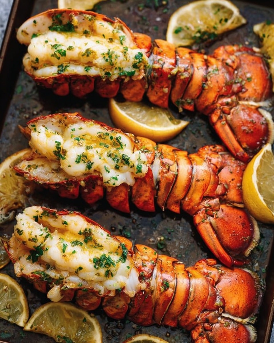 The image shows four cooked lobster tails lying on a white marbled surface, each with a thick, creamy, golden-brown cheese topping lightly browned and sprinkled with green herbs. The lobster shells are bright reddish-orange with white spots, segmented and curved beneath the cheese layer, which sits on top of the lobster meat. Around the tails are slices of lemon, some slightly charred and garnished with black pepper and herbs, adding layers of yellow and black to the scene. The overall texture of the lobster meat appears soft and juicy under the melted cheese. photo taken with an iphone --ar 4:5 --v 7