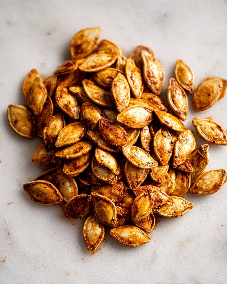 The image shows seven white bowls filled with roasted pumpkin seeds, each bowl densely packed with seeds that have a golden brown color and a slightly crispy texture. The seeds vary in size and are coated with a light dusting of spices, giving a speckled appearance of darker orange and reddish-brown patches. The bowls are arranged close together on a white marbled surface, with some seeds overlapping and creating a natural, uneven layer of seeds visible from top to sides of the bowls. photo taken with an iphone --ar 4:5 --v 7