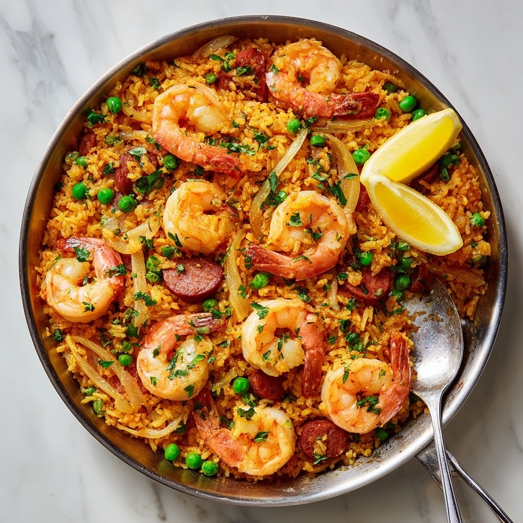 A round metal pan with red handles is filled with a colorful dish of yellow rice mixed with green peas and slices of browned sausage. On top and scattered throughout are many pink cooked shrimp with their tails showing, along with caramelized onion slices. Bright green parsley leaves are placed for garnish, and two lemon wedges rest on the edge of the pan. A silver spoon sits inside the pan, partially buried in the food. The pan is placed on a white marbled surface with a white cloth with red details and silver cutlery nearby. Photo taken with an iphone --ar 4:5 --v 7