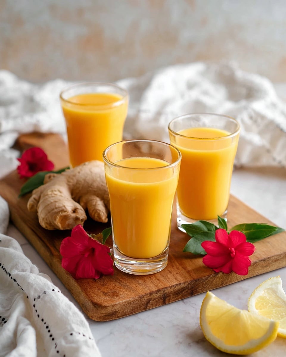The image shows three clear shot glasses filled with a bright orange liquid, placed close together on a wooden cutting board. Behind the glasses, there is a piece of fresh ginger root with a rough light brown skin. A lemon slice with a bright yellow color rests on the board next to the ginger, partially behind one shot glass. Two small red flowers with green leaves are placed near the glasses, adding a pop of color to the arrangement. The background displays a white cloth with a black checkered pattern, all set on a white marbled surface. photo taken with an iphone --ar 4:5 --v 7