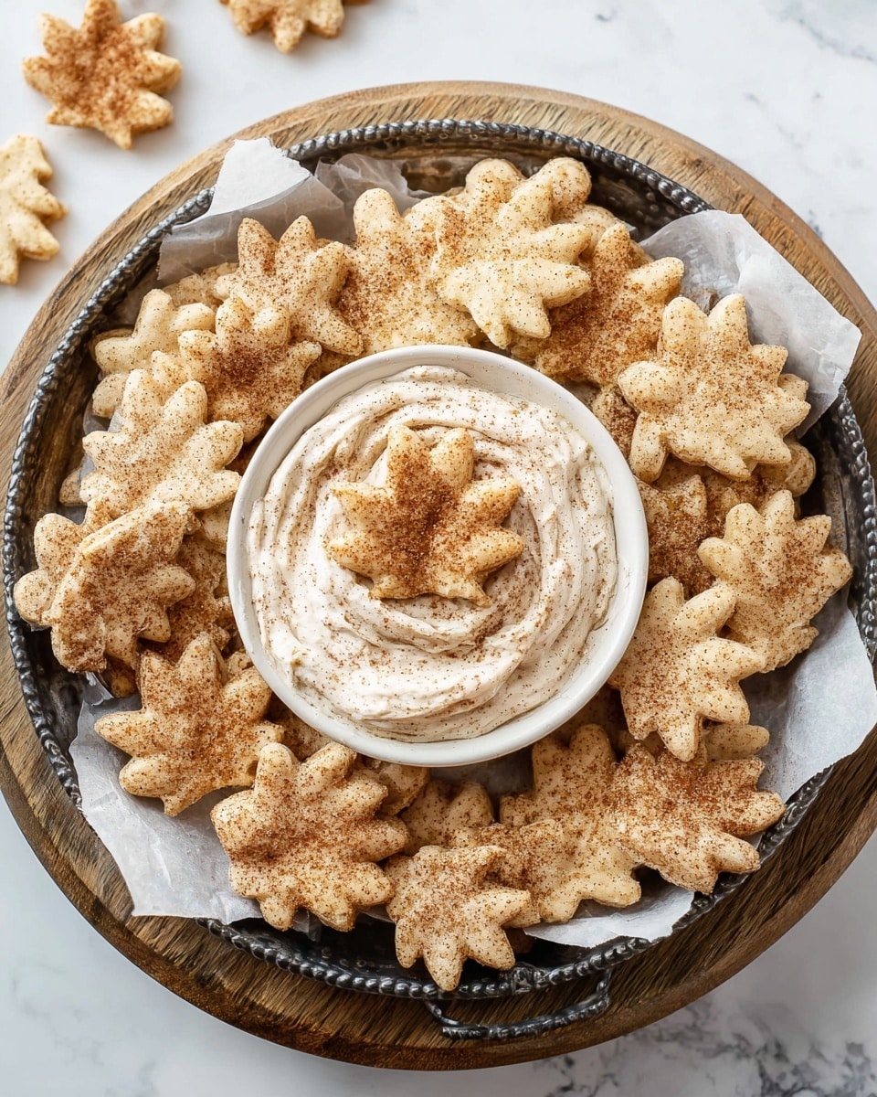 A white bowl filled with creamy cinnamon dip that is light beige with visible cinnamon specks, topped with a small leaf-shaped pie crust chip dusted with cinnamon. The bowl sits in the middle of a larger white plate filled with many leaf-shaped pie crust chips, all covered lightly with cinnamon powder. The plate and bowl are set on a white marbled surface. Photo taken with an iphone --ar 4:5 --v 7