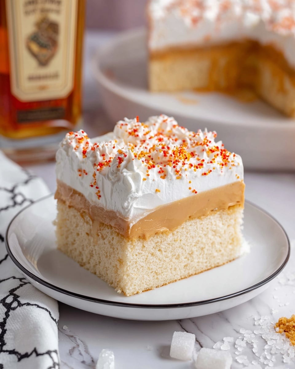 A square slice of cake sits on a white plate with a thin black rim, showing three distinct layers: a bottom light beige sponge cake with a soft, fluffy texture, a middle smooth caramel layer in a light brown color, and a top thick white whipped cream layer sprinkled with small red and orange sugar crystals. The background features a partially visible larger cake with the same layers and a bottle of cinnamon whisky. The scene is set on a white marbled surface with scattered sugar crystals nearby, and a white cloth with a black geometric pattern partially visible along the plate’s edge. Photo taken with an iphone --ar 4:5 --v 7