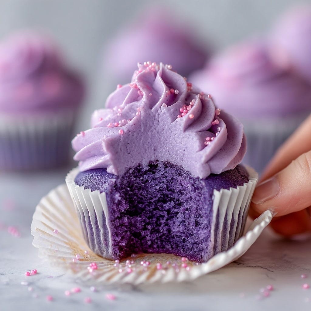 A purple cupcake with one bite taken, showing its moist inner texture, sits on a white paper liner on a white marbled surface, decorated with light purple swirled frosting that has a smooth, creamy texture and small pink sugar crystals sprinkled on top; in the background, there are more cupcakes with similar purple frosting and liners, slightly out of focus, highlighting the main cupcake in front. photo taken with an iphone --ar 4:5 --v 7