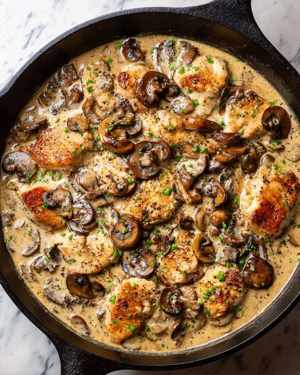 A close-up of a black pan filled with cooked chicken pieces and sliced mushrooms in a creamy light brown sauce, with some pieces of chicken showing a golden-brown sear. The sauce is thick and smooth, coating all the ingredients evenly, and small green herbs are sprinkled over the top, adding a fresh pop of color. The background is a white marbled texture. photo taken with an iphone --ar 4:5 --v 7