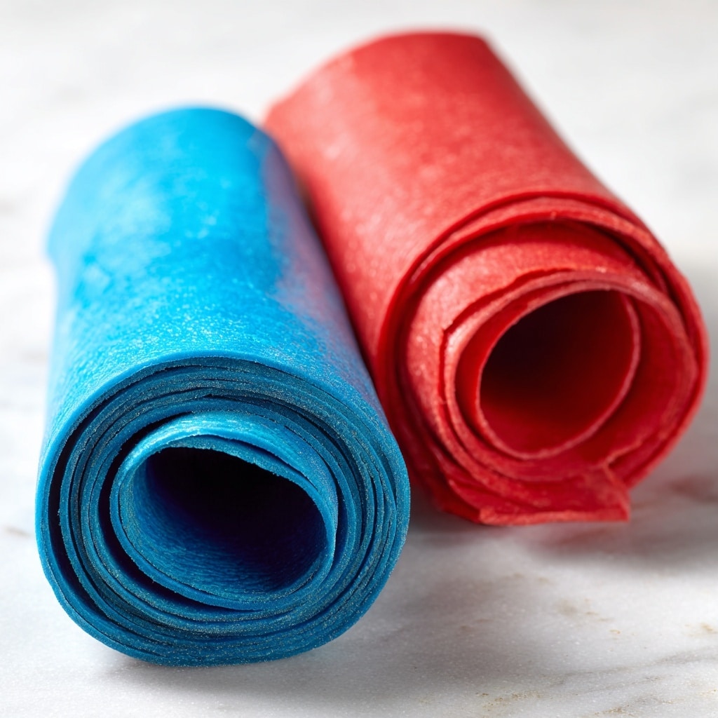The image shows a round white plate lined with crinkled white parchment paper, filled with red and blue rolled swirl pastries. There are about ten red swirls and ten blue swirls, placed evenly and closely together in a random pattern. Each swirl has a smooth, soft texture and a slightly glossy finish, with tight spiral layers visible. The colors are bright and solid, with the red swirls having a slightly darker shade near the edges and the blue ones being consistent in color. The plate rests on a red and white checkered cloth, with the edges of the plate black and slightly worn. photo taken with an iphone --ar 4:5 --v 7